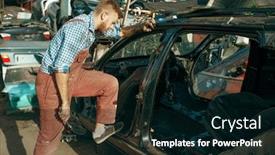  Presentation with mechanic - Audience pleasing PPT theme consisting of male-mechanic-disassembles-the-car backdrop and a black colored foreground