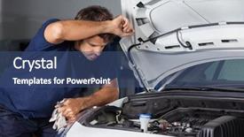  Presentation with engine - Audience pleasing slides consisting of male mechanic examining car engine backdrop and a ocean colored foreground