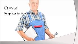  Presentation with mechanic - Amazing presentation theme having male mechanic holding a wrench and a clipboard isolated against white background backdrop and a white colored foreground