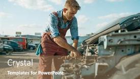 Presentation with car engine - Amazing PPT layouts having male-mechanic-unscrew-engine backdrop and a coral colored foreground