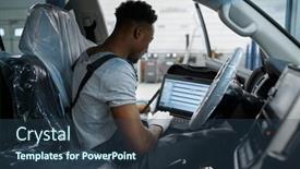  Presentation with car service - Slide deck consisting of male-mechanic-using-laptop-car background and a tawny brown colored foreground