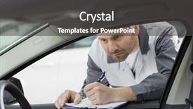  Presentation with mechanic shop - Beautiful presentation design featuring male mechanic with clipboard checking car's interior in repair shop backdrop and a dark gray colored foreground