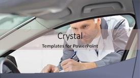  Presentation with mechanic shop - Amazing presentation design having male mechanic with clipboard checking car's interior in repair shop backdrop and a mint green colored foreground