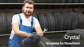  Presentation with mechanic shop - Beautiful PPT layouts featuring male mechanic with spanner backdrop and a dark gray colored foreground