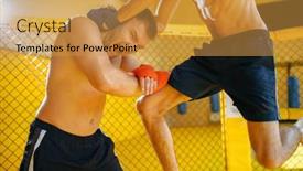  Presentation with mma - Beautiful PPT theme featuring male-mma-fighter-blocks-knee backdrop and a gold colored foreground