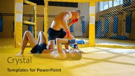  Presentation with mma - Beautiful PPT layouts featuring male-mma-fighter-finishes backdrop and a gold colored foreground