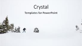  Presentation with blizzard - Colorful presentation design enhanced with male mountain climber with huge backpack and trekking poles having hard winter hiking trip after blizzard in austrian alps backdrop and a sky blue colored foreground