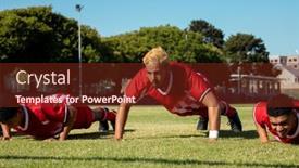  Presentation with soccer fitness - PPT theme consisting of male-multiracial-players-in-red background and a tawny brown colored foreground