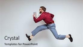  Presentation with books - Beautiful PPT layouts featuring male nerd running with books backdrop and a light gray colored foreground