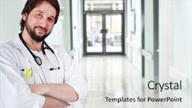  Presentation with workplace - Cool new PPT theme with male nurse hand - young positive doctor on his backdrop and a light gray colored foreground