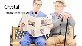  Presentation with male nurse - Presentation design with male nurse reading a newspaper to an elderly gentleman seated on bench isolated on white background background and a sky blue colored foreground