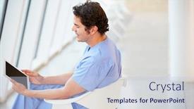  Presentation with male nurse - Theme with male nurse sitting in chair using digital tablet background and a light blue colored foreground