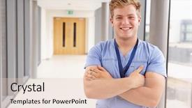  Presentation with male nurse - Audience pleasing PPT theme consisting of male nurse standing in hospital backdrop and a  colored foreground