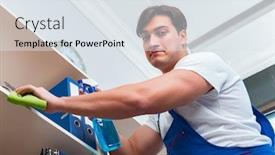  Presentation with office cleaning - Beautiful slide deck featuring male-office-cleaner-cleaning-shelves backdrop and a sky blue colored foreground