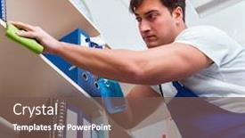  Presentation with office cleaning - Cool new slides with male-office-cleaner-cleaning-shelves backdrop and a tawny brown colored foreground