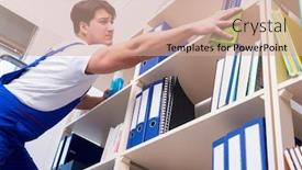  Presentation with office cleaning - Slides enhanced with male office cleaner cleaning shelves in office background and a coral colored foreground