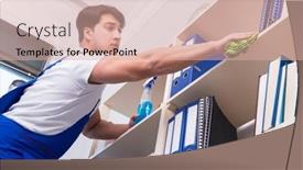  Presentation with office cleaning - Presentation design consisting of male office cleaner cleaning shelves in office background and a coral colored foreground