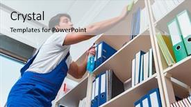  Presentation with office cleaning - Theme consisting of male office cleaner cleaning shelves background and a sky blue colored foreground