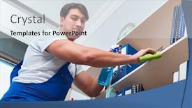  Presentation with office cleaning - Slide set enhanced with male office cleaner cleaning shelves in office background and a sky blue colored foreground