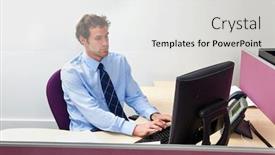  Presentation with office desk reception - Audience pleasing presentation theme consisting of male-office-worker-sat backdrop and a light gray colored foreground