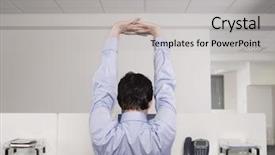  Presentation with stretching - PPT theme with male office worker stretching background and a light gray colored foreground