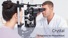  Presentation with patients - Amazing theme having optician examining female patients eye backdrop and a light blue colored foreground