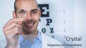  Presentation with ophthalmology - Slide deck consisting of male optometrist looking through magnifying glass in ophthalmology clinic background and a light blue colored foreground