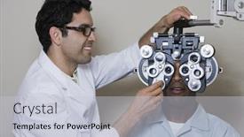  Presentation with optometrist - Cool new PPT layouts with male optometrist with phoropter while examining patient backdrop and a light gray colored foreground