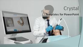 Presentation with prosthodontics - Theme with male-orthodontist-scaning-patient background and a light gray colored foreground