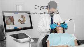  Presentation with prosthodontics - Slides enhanced with male-orthodontist-scaning-patient background and a  colored foreground