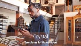  Presentation with using digital tablet - Presentation theme with male-owner-of-fashion-store background and a tawny brown colored foreground