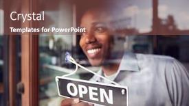  Presentation with open door - Presentation theme featuring male-owner-of-start-up background and a tawny brown colored foreground