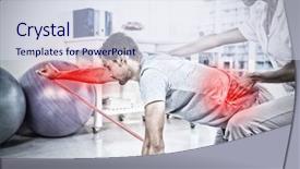  Presentation with physiotherapist - PPT theme consisting of exercise therapy - highlighted pain against female physiotherapist background and a sky blue colored foreground