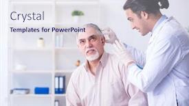  Presentation with hearing - Slide set enhanced with male patient with hearing problem visiting doctor otorhinolaryng background and a sky blue colored foreground