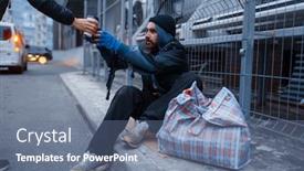  Presentation with homeless - PPT theme featuring male-person-gives-cup background and a ocean colored foreground