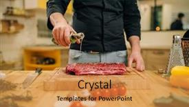  Presentation with raw meat - Presentation theme enhanced with male person hands seasoning piece background and a gold colored foreground