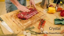  Presentation with raw meat - Presentation theme consisting of male person hands seasoning piece background and a yellow colored foreground