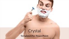  Presentation with shaving - PPT layouts consisting of male personal grooming - emotional young man with shaving background and a coral colored foreground