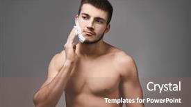  Presentation with shaving - Theme with male personal grooming - handsome young man applying shaving background and a coral colored foreground