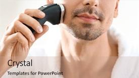  Presentation with shaving - Slides enhanced with male personal grooming - handsome young man shaving closeup background and a coral colored foreground
