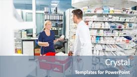  Presentation with counting - Colorful slide set enhanced with male pharmacist and female assistant backdrop and a  colored foreground