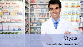  Presentation with pharmacy - PPT theme featuring male pharmacist at pharmacy background and a light blue colored foreground