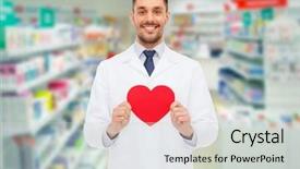  Presentation with health-care - PPT theme with male pharmacist holding red heart background and a light gray colored foreground