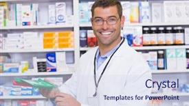  Presentation with hospital pharmacy - Theme with male pharmasict - handsome pharmacist holding medicine background and a  colored foreground