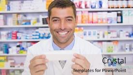  Presentation with hospital pharmacy - Slide set featuring male pharmasict - handsome pharmacist holding paper background and a  colored foreground