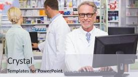  Presentation with hospital pharmacy - Colorful PPT theme enhanced with male pharmasict - happy pharmacist looking at camera backdrop and a  colored foreground