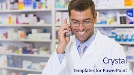  Presentation with hospital pharmacy - Colorful PPT theme enhanced with male pharmasict - happy pharmacist on the phone backdrop and a sky blue colored foreground