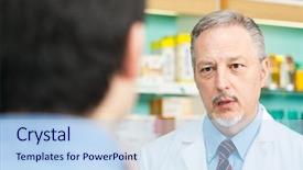  Presentation with pharmacist - PPT theme having male pharmasict - pharmacist dealing with a customer background and a light blue colored foreground