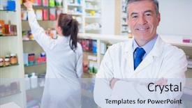  Presentation with pharmacy - Beautiful slides featuring male pharmasict - pharmacist looking at camera backdrop and a light blue colored foreground