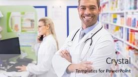  Presentation with hospital pharmacy - Presentation featuring male pharmasict - pharmacist smiling with pharmacist behind background and a sky blue colored foreground